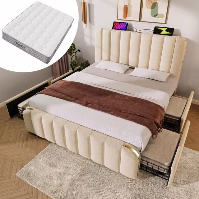 Letto imbottito 160x200 cm beige in lino, 4 cassetti e materasso H3, senza materasso