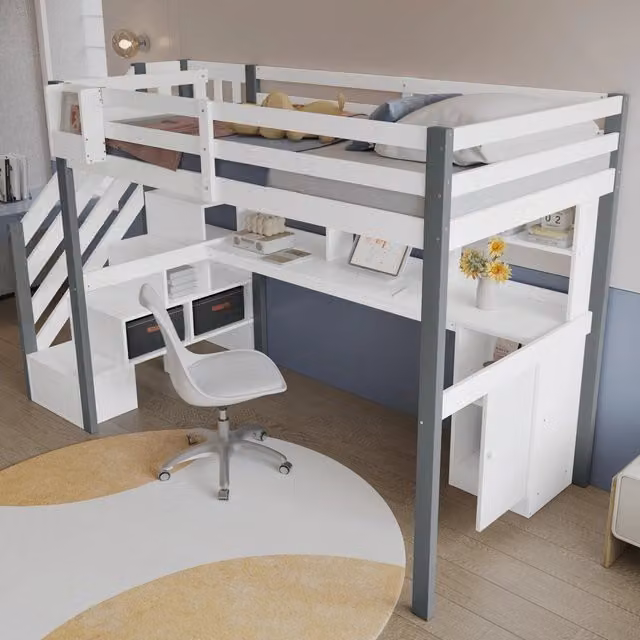 Letto a soppalco 90 × 200 cm con scrivania, scala contenitore e 2 contenitori, senza materasso, bianco e grigio
