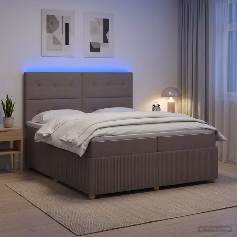 Letto Box Spring vidaXL con Materasso Ibrido e Illuminazione LED, Colore Tortora, L/P: 200 x 200 cm