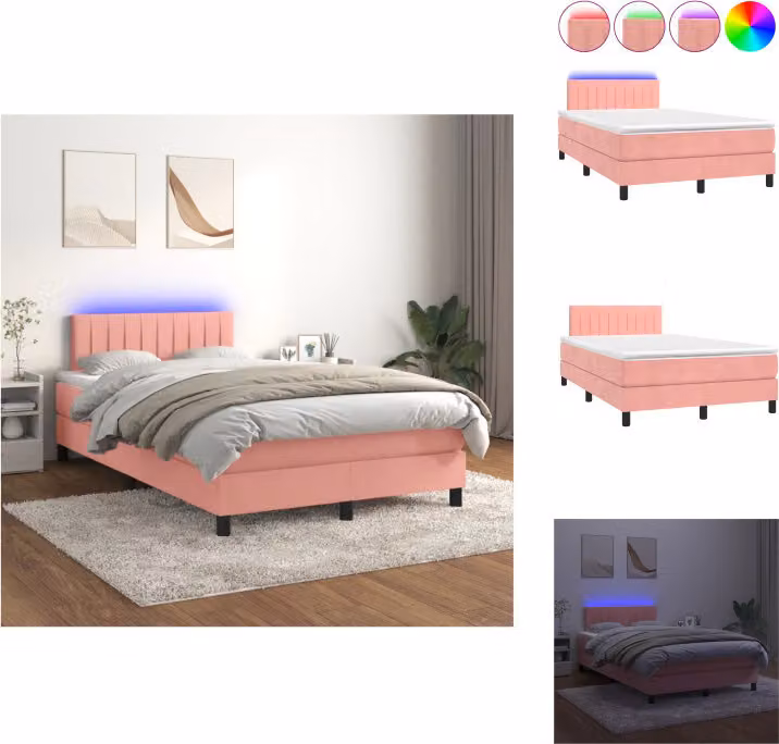 vidaXL Letto a molle con materasso e LED in velluto rosa 120x200 cm - Letti & strutture letto