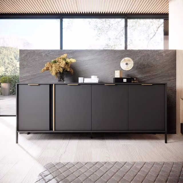 Madia Hamebati DMORA con 4 ripiani, Credenza moderna in nero antracite e oro, L: 203 cm, P: 40 cm, H: 81 cm – 1