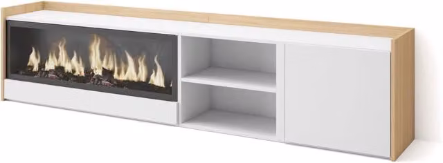 Mobile TV Soggiorno, 212x50x35 cm, Per TV fino a 80", Camino elettrico XXL, Bianco e Rovere soft