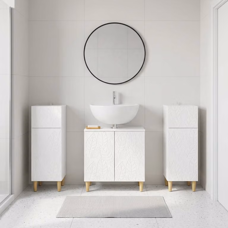 Set di mobili da bagno vidaXL DELFT in 3 pezzi, bianco lucido, design minimalista
