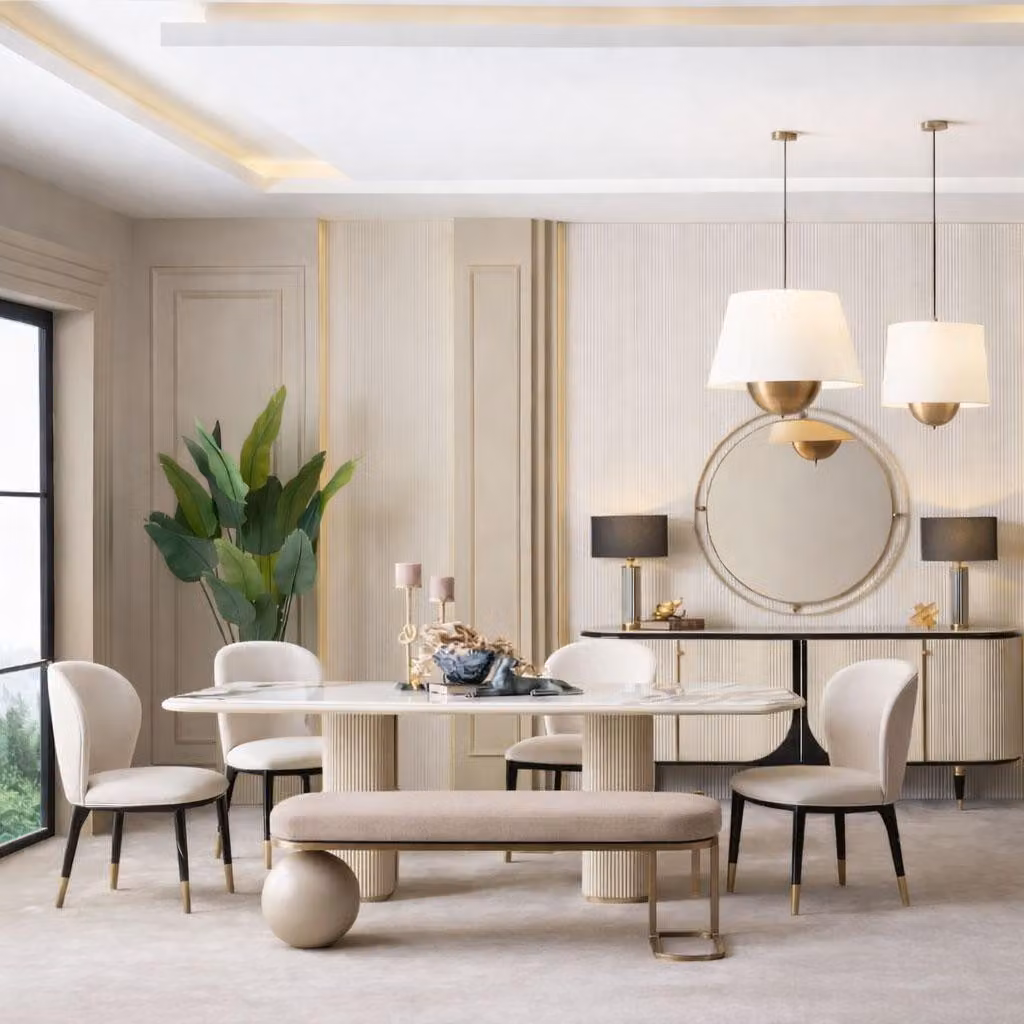 Set di mobili per sala da pranzo: tavolo da pranzo, sedie, panca, credenza, specchio, design moderno