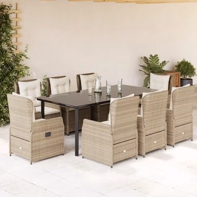 Set da pranzo da giardino vidaXL in polyrattan con tavolo in vetro e 9 pezzi con cuscini beige