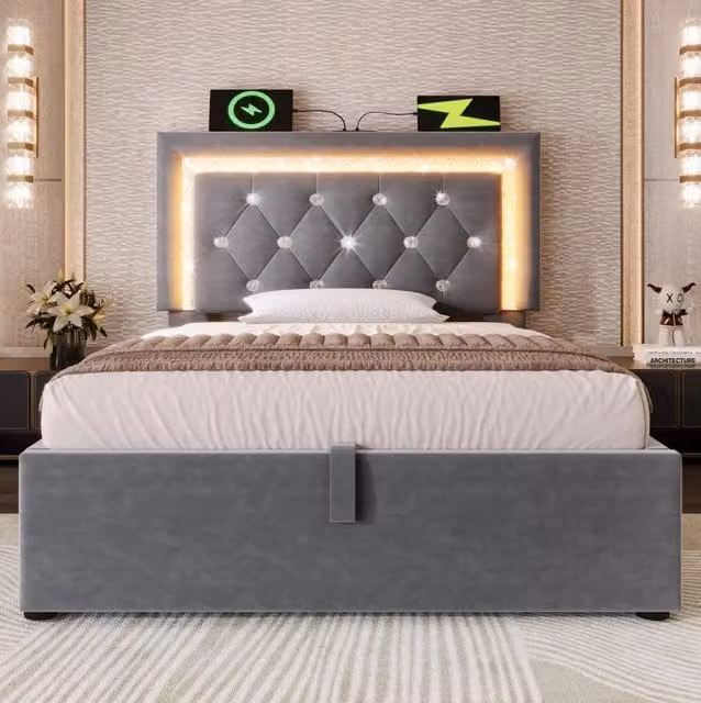 Letto singolo 90x200 cm con contenitore idraulico; LED; USB e Type-C; velluto grigio con materasso