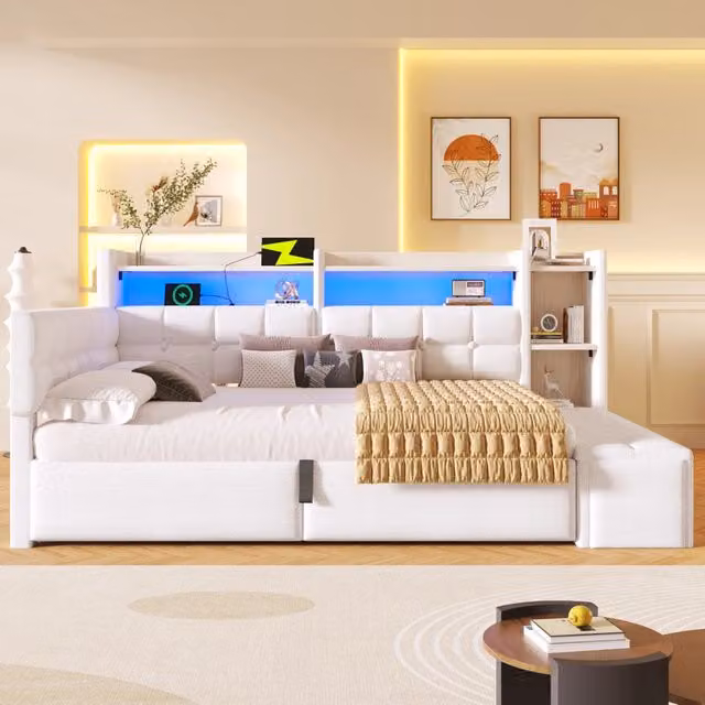 Letto da giorno 140x200 cm in velluto con accumulo idraulico LED e USB-C - Bianco
