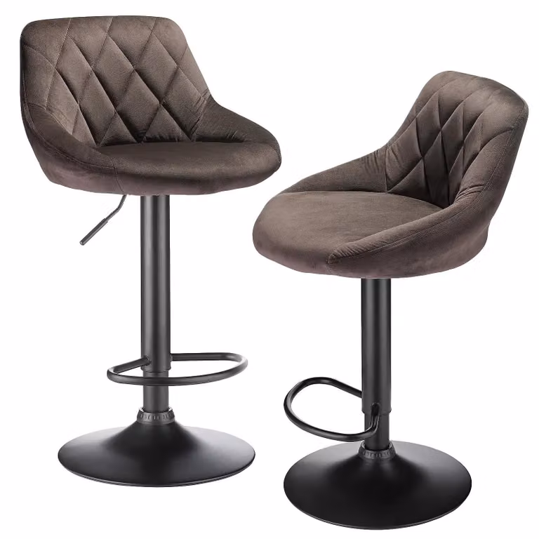 Set di 2 sgabelli in velluto - Sedia da cucina moderna - Regolabile in altezza - Rotazione a 360° - Struttura in metallo con poggiapiedi - Seduta imbottita - Colore marrone cioccolato