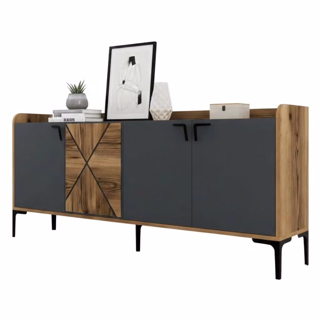 Credenza da soggiorno Also DMORA in legno e metallo, colore Noce e Antracite, L: 180 cm, P: 35 cm, H: 78 cm – 2