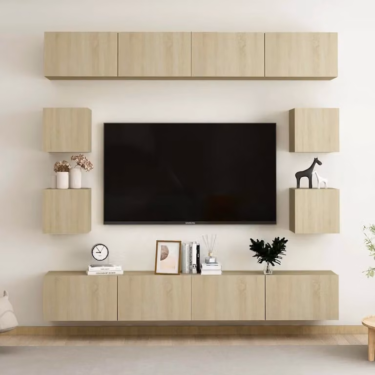 Set di mobili porta TV moderno vidaXL in legno MDF color rovere e beige, 8 pezzi da appendere alla parete per il tuo soggiorno