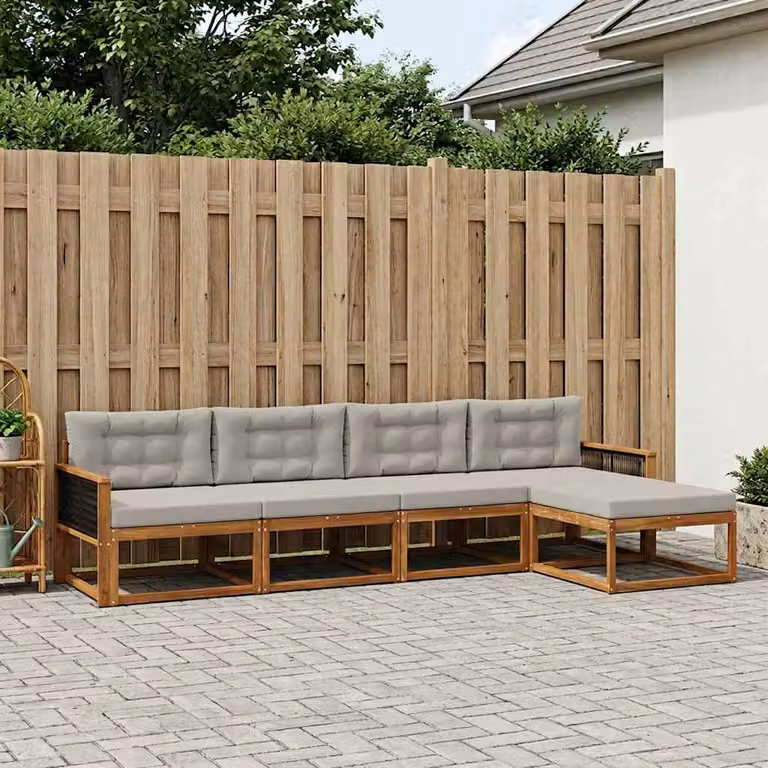 vidaXL Set di divani da esterno 5 pz in legno di acacia con cuscini, colore marrone e grigio chiaro