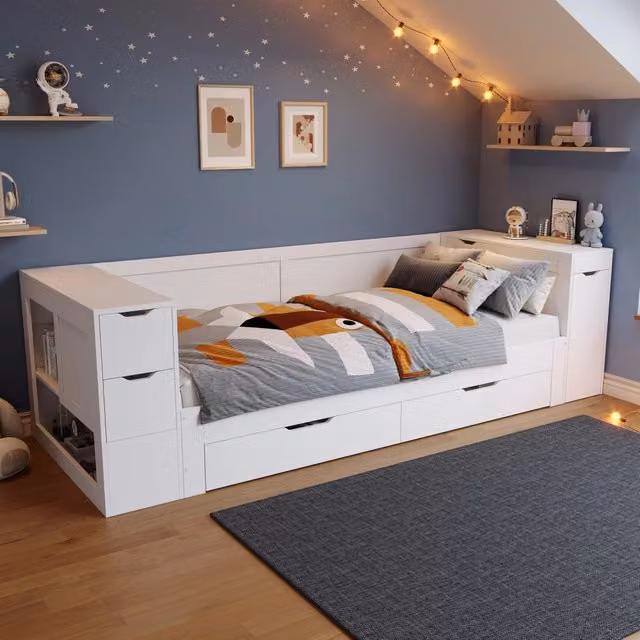 Letto singolo moderno per bambini bianco con cassetto e ripiani L/P: 90 x 200 cm
