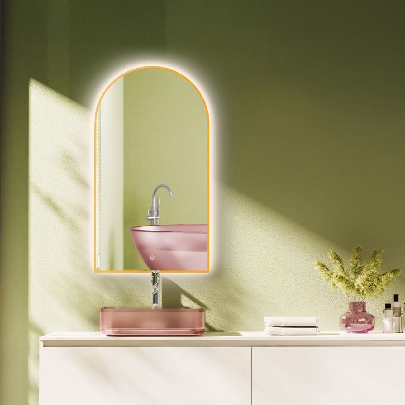 Specchio da bagno a LED, forma curva, 50x90 cm, cornice dorata, interruttore touch