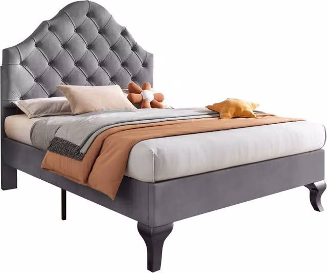 Letto singolo con testiera imbottita in velluto grigio e struttura in legno massiccio, L/P/H: 90 x 200 cm
