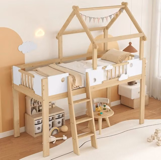 Letto a soppalco per bambini 90x200 cm con protezione antiribaltamento, struttura in pino bianco e naturale, scaletta inclinata a tre gradini
