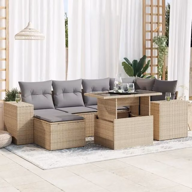 Set da giardino moderno vidaXL composto da 7 pezzi con divano a L, pouf, tavolino da caffè e cuscini beige e grigi in rattan e metallo