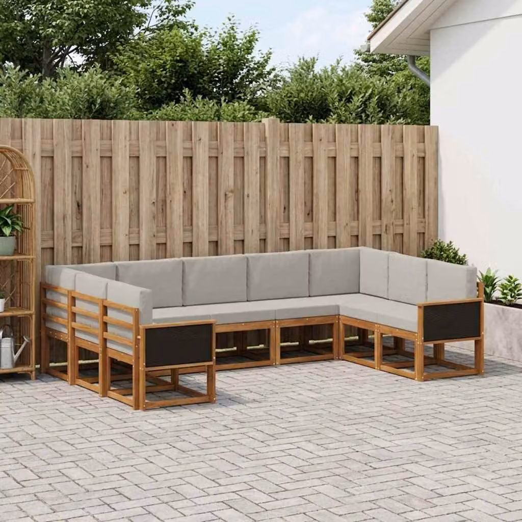 vidaXL Set di divani da esterno componibile a L in legno di acacia con cuscini, 9 pezzi, Beige e Grigio
