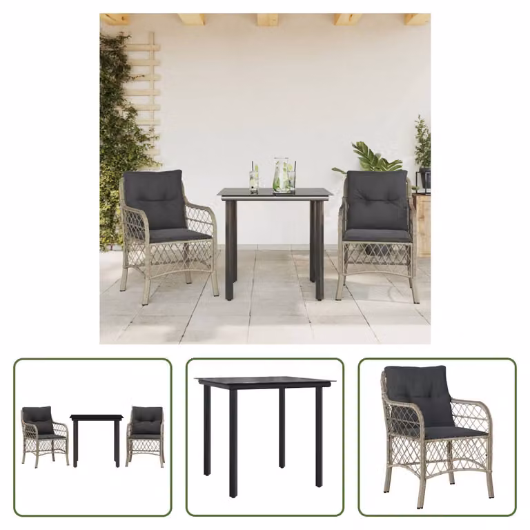 The Living Store Set bistrot 3 pezzi con cuscini in poly rattan grigio chiaro