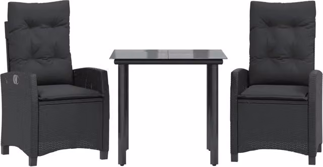 Set da Pranzo da Giardino 3 pz | Set Salotto da Giardino con Cuscini Nero in Polyrattan