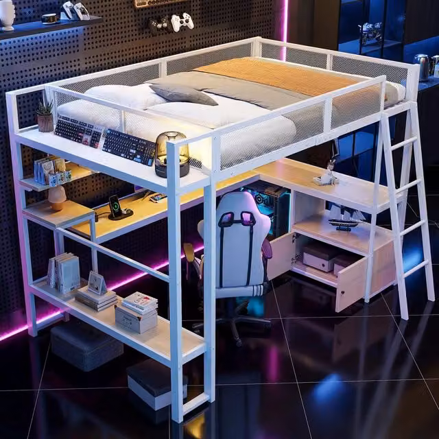 Letto a Soppalco Gaming in Metallo con Scrivania, LED e Contenitore ¨C MINIMAL ¨C Bianco 140x200