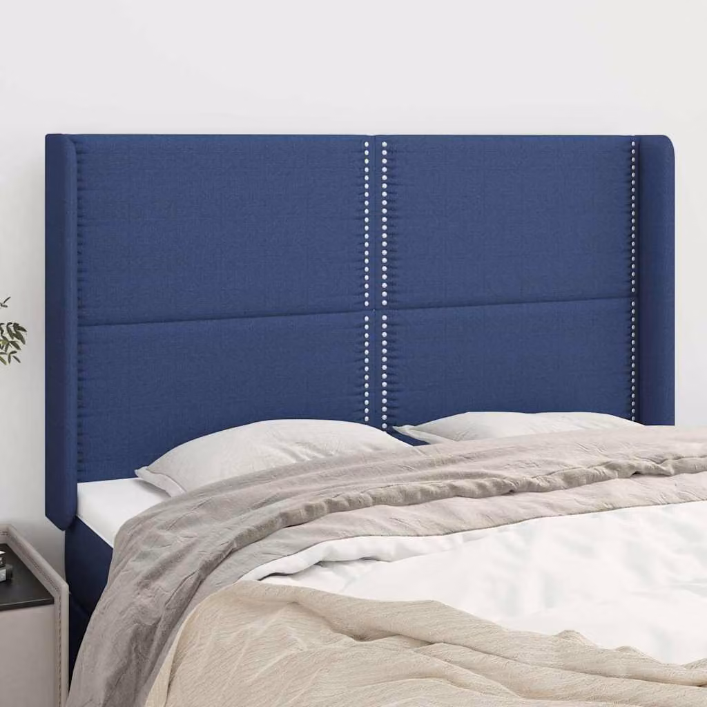 Testiera ad orecchio vidaXL in tessuto blu con struttura in legno e pannello imbottito L: 147 cm, P: 16 cm, H: 118-128 cm