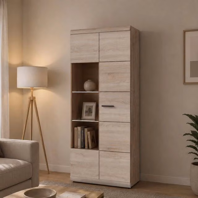 Vetrina Espositore DMORA Ladara con 8 Ripiani e Illuminazione Integrata, Colore Marrone Rovere, L: 80 cm, P: 37 cm, H: 194 cm