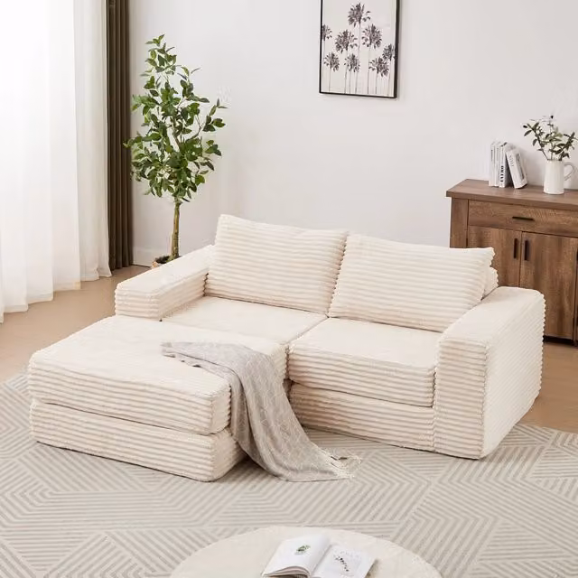 Divano letto modulare Mivray in velluto a coste beige con funzione notte e design moderno
