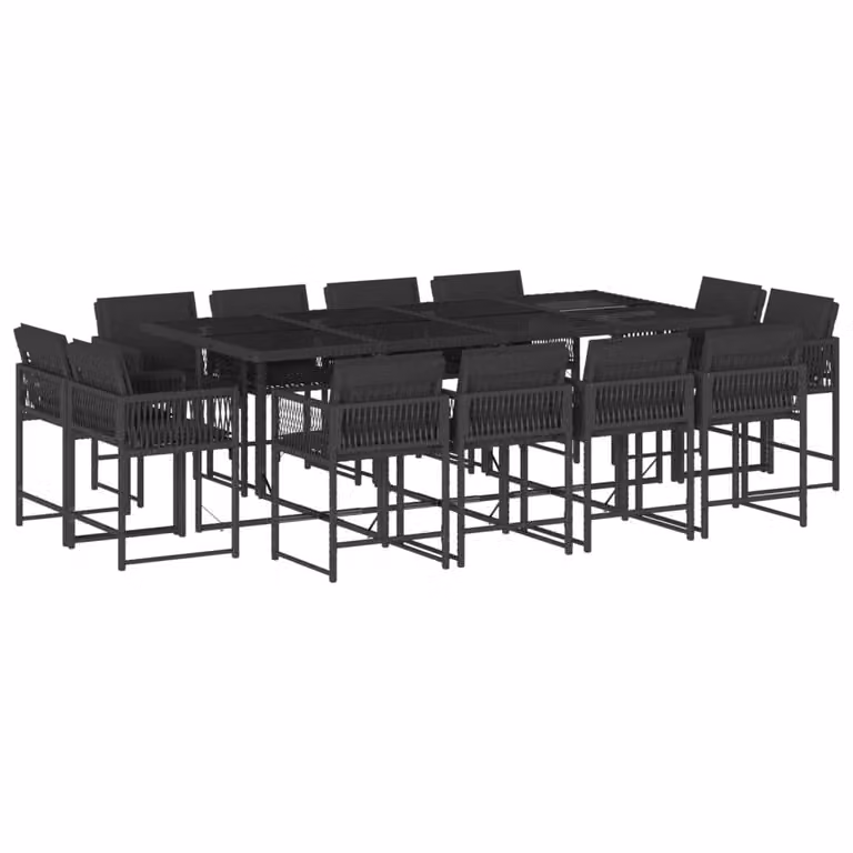 Set da Pranzo da Giardino 13pz con Cuscini Nero in Polyrattan