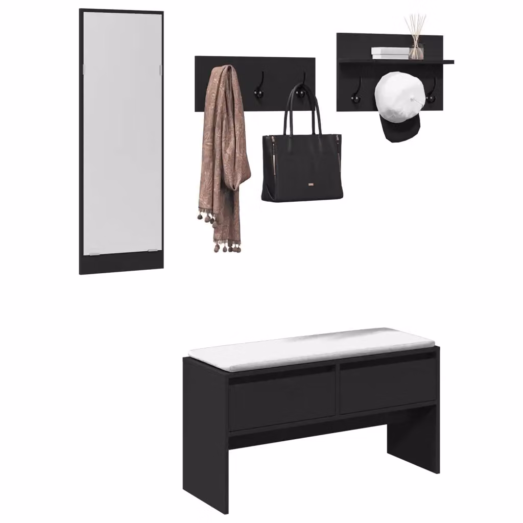 Set Mobili da Ingresso Moderno 4 Pezzi Nero in Legno e Metallo con Panca, Specchio e Pannello con Ganci – 2