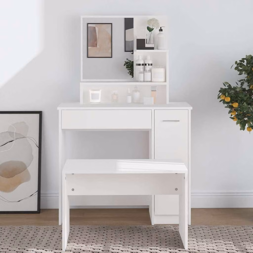 vidaXL Toeletta con Specchio Bianco L: 86,5 cm, P: 35 cm, H: 136 cm