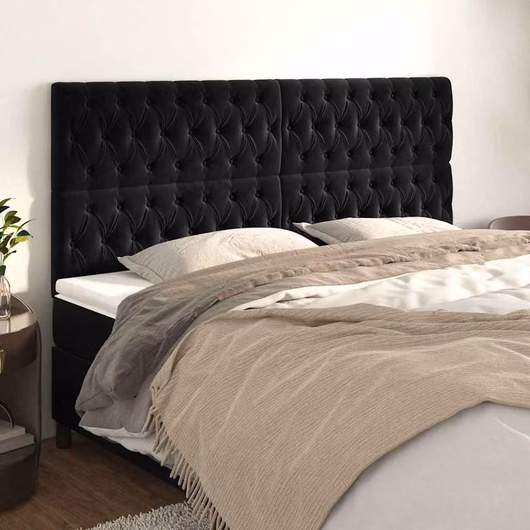 Testiera per letto vidaXL in velluto nero con struttura in legno e MDF, L: 200 cm, P: 7 cm, H: 118/128 cm
