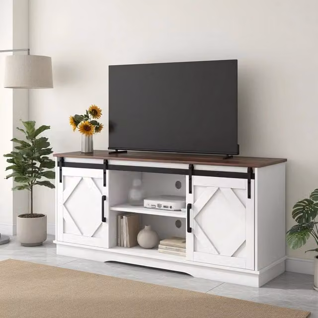 Cassettiera TV moderna KOMHTOM in legno marrone e bianco con vani porta media, L: 150 cm, P: 40 cm, H: 60 cm