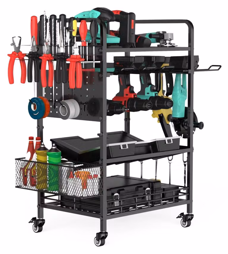 Carrello portattrezzi con ruote e 4 ripiani