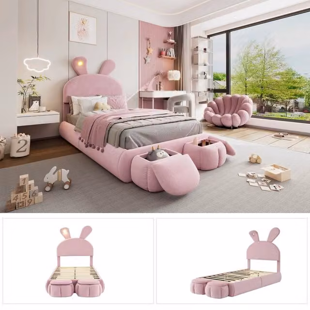 Letto imbottito per bambini 90x200 cm in velluto rosa con orecchie da coniglio; LED regolabile e pouf contenitore