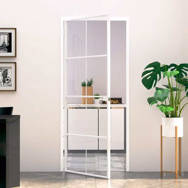 The Living Store porta interna bianca 83x201,5 cm vetro temperato e alluminio slimline