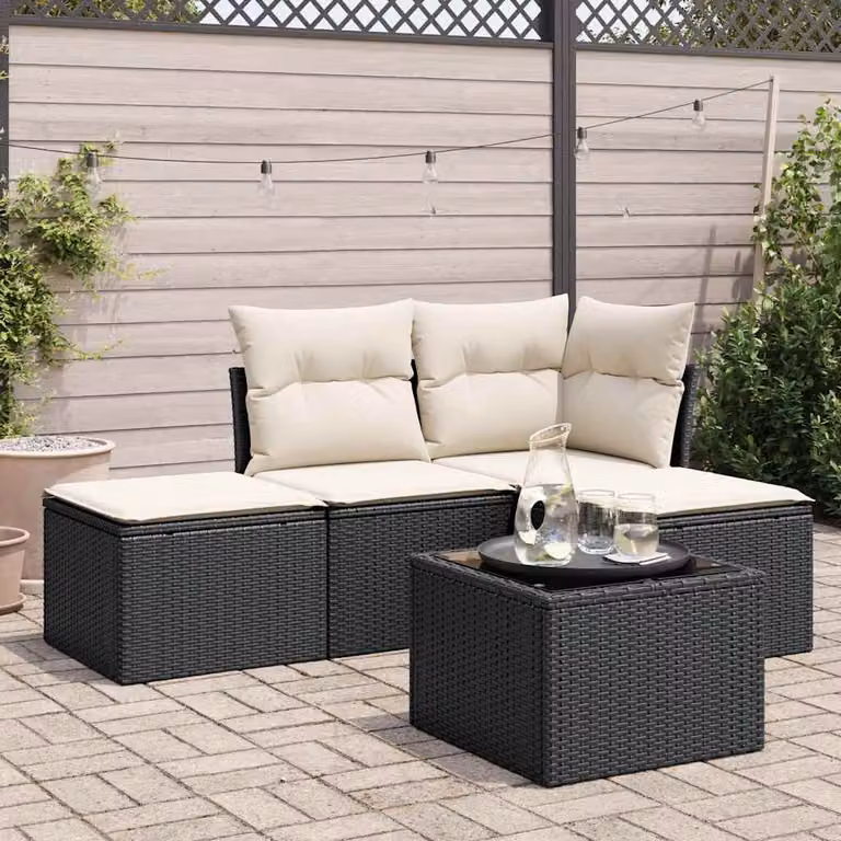 vidaXL Set Divani da Giardino 5 pz in Polyrattan Nero con Cuscini e Tavolino da Caffè