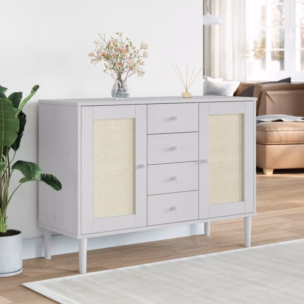 Credenza vidaXL SENJA in legno di pino massello con aspetto rattan, colore bianco, L 112 cm x P 40 cm x H 80 cm