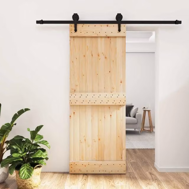 Porta scorrevole moderna vidaXL in legno e acciaio, colore naturale e nero, L: 80 cm, H: 210 cm