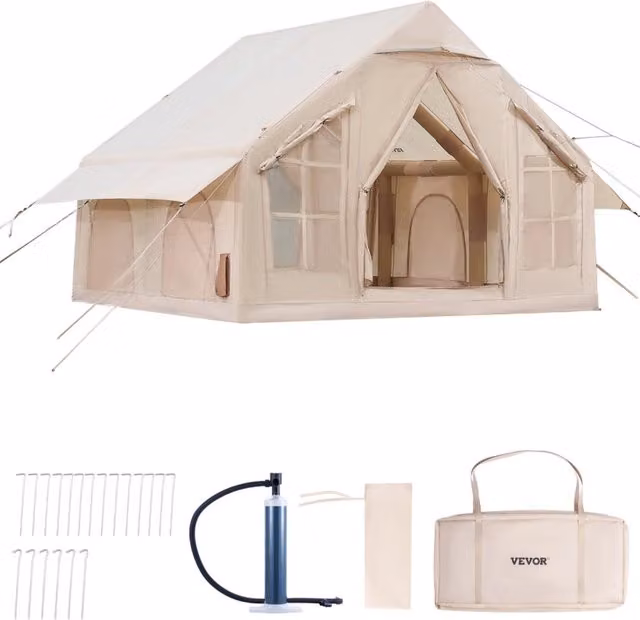 Tenda gonfiabile per campeggio 4-6 persone 300D Oxford beige 4 stagioni, pompa a mano, jack per stufa, 2 porte, 4 finestre a rete, borsa portaoggetti