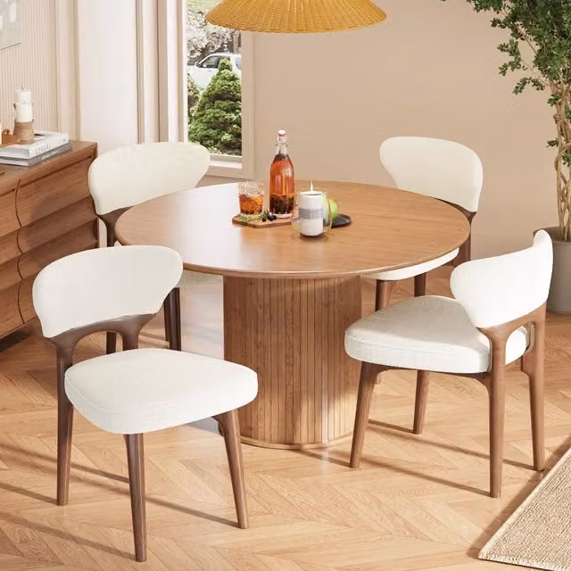 Set di 2 sedie da pranzo in chenille beige chiaro con struttura in legno e imbottitura ad alta densità