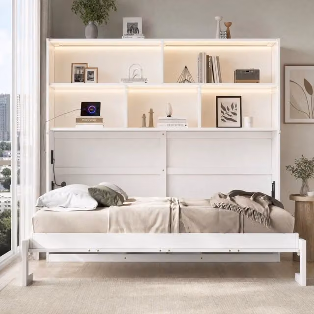 Letto contenitore trasformabile singolo 90x200 cm in MDF bianco con LED; USB e presa