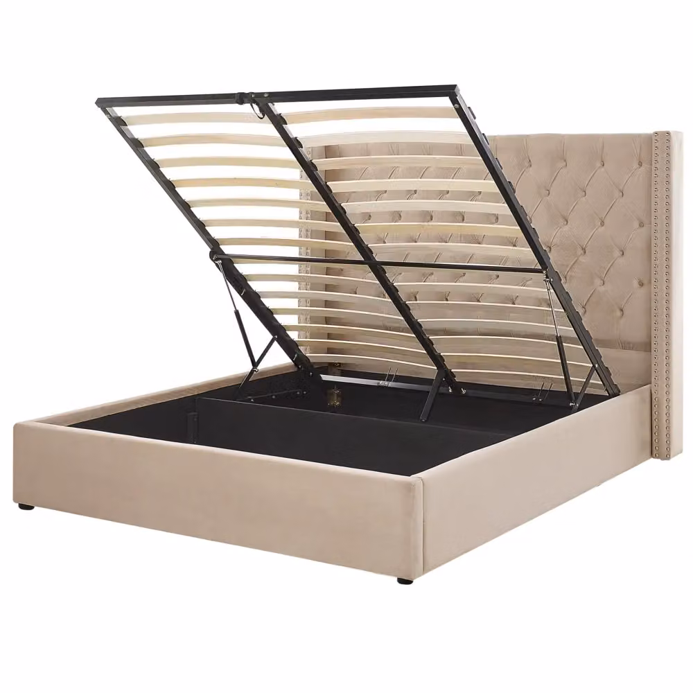 Letto con contenitore Beliani in velluto beige con testiera alta L/P/H: 160 x 200 x 110 cm – 2