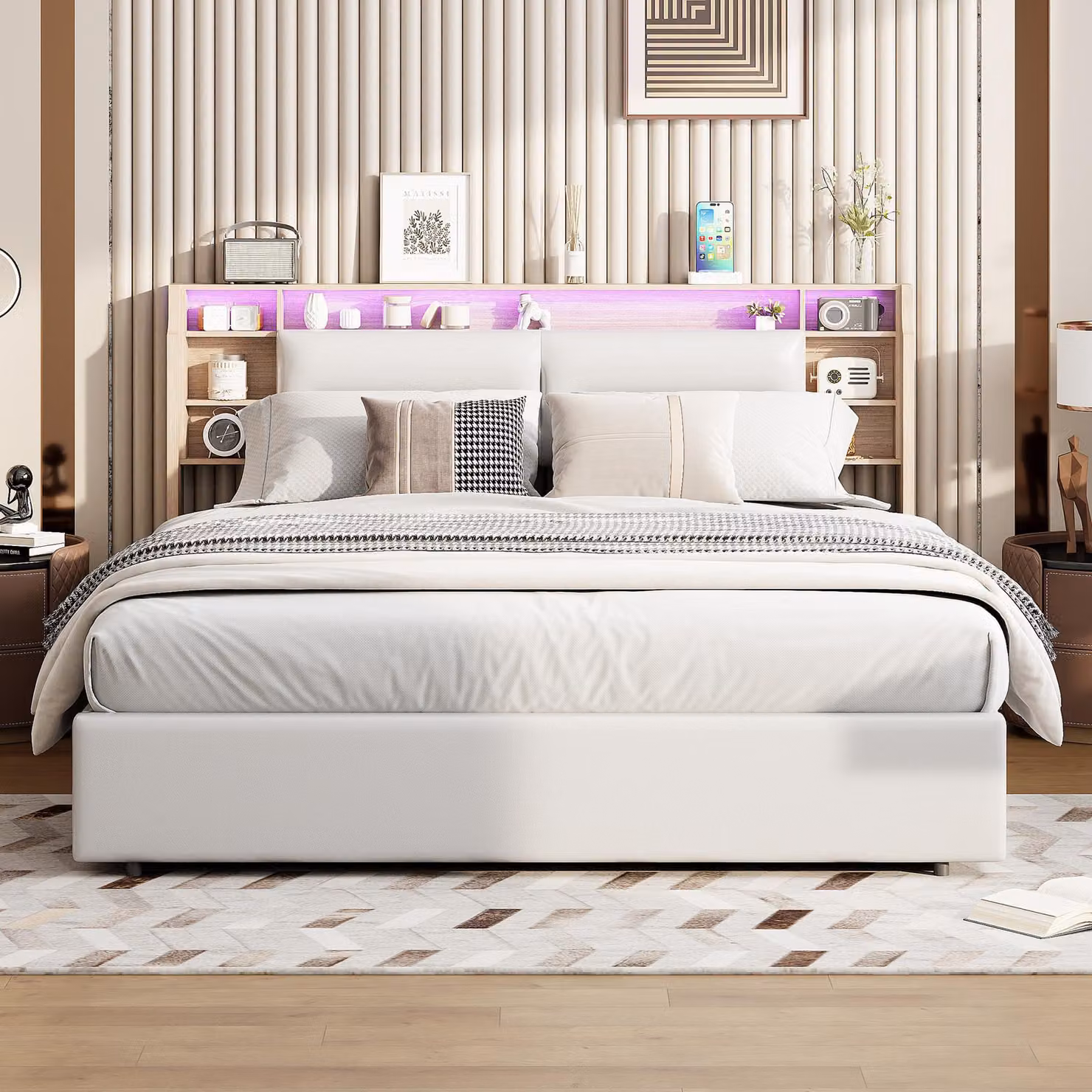 Letto matrimoniale 160x200 con spazio contenitore, testiera e struttura con meccanismo idraulico, letto imbottito beige in ecopelle con illuminazione a LED