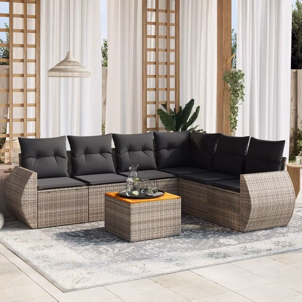 Set di divani da giardino vidaXL in polyrattan grigio con cuscini, componibile a L con tavolino e sedute lounge per esterni – 1