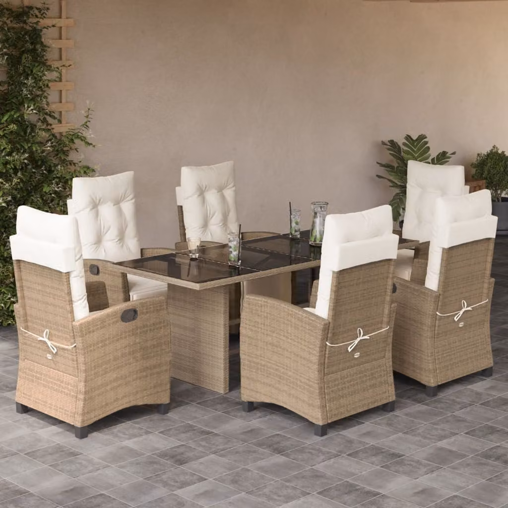 Set da pranzo da giardino vidaXL in polyrattan con cuscini beige e piano in vetro, 7 pezzi – 1