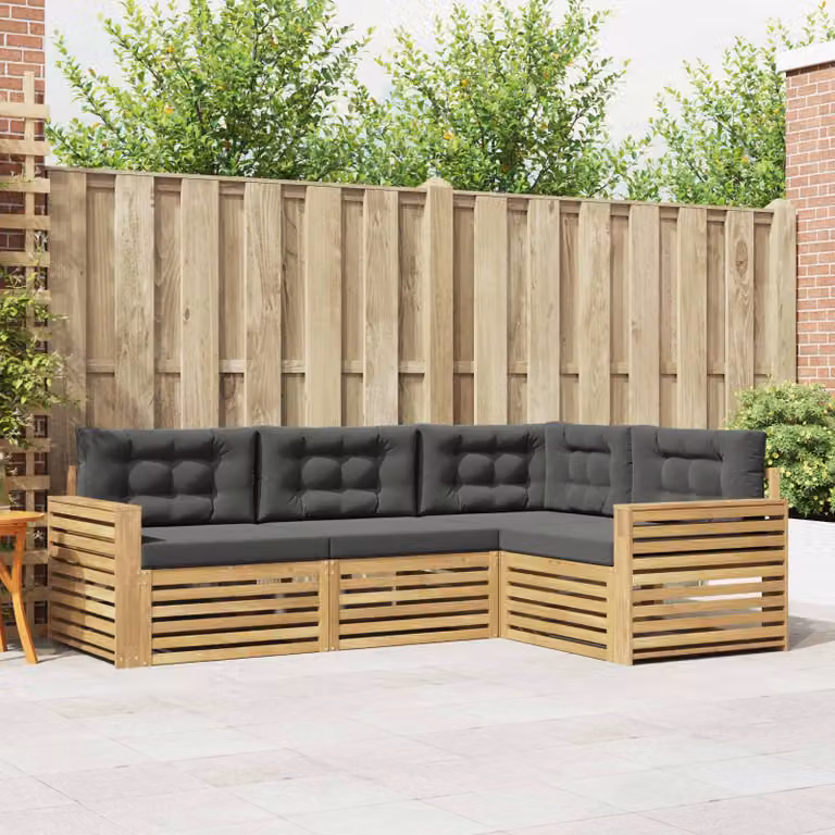 Set di divani da esterno vidaXL a forma di L in legno di acacia con cuscini bianchi e antracite