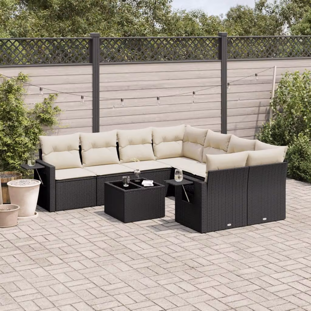 vidaXL Set Divani da Giardino a L 9 pz in Polyrattan Nero con Cuscini e Tavolino – 1