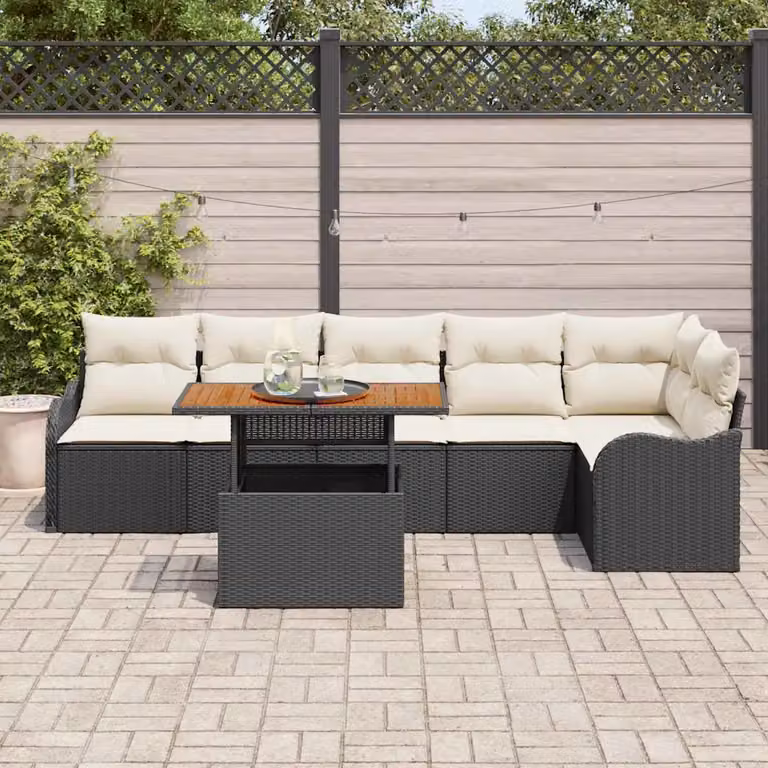 Set Divano da Giardino vidaXL 7 Pezzi a Forma di L con Tavolino e Contenitore Nero in Rattan e Metallo