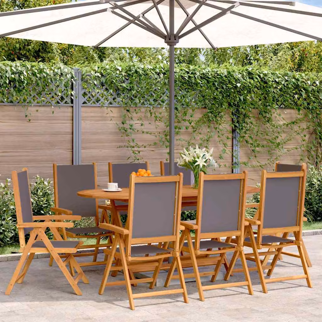 Set di 8 sedie pieghevoli reclinabili vidaXL in legno di acacia oliato e tessuto antracite resistente ai raggi UV con braccioli per giardino e terrazzo