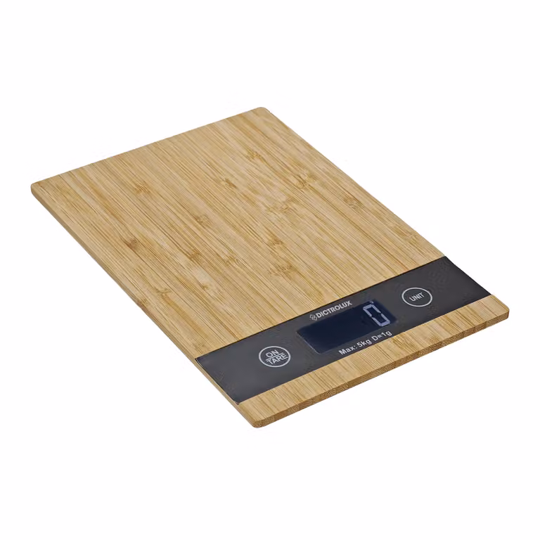 Bilancia Digitale da Cucina Dictrolux in Legno di Bamboo Marrone con Display Digitale e Funzione Tara, Capacità 5 kg